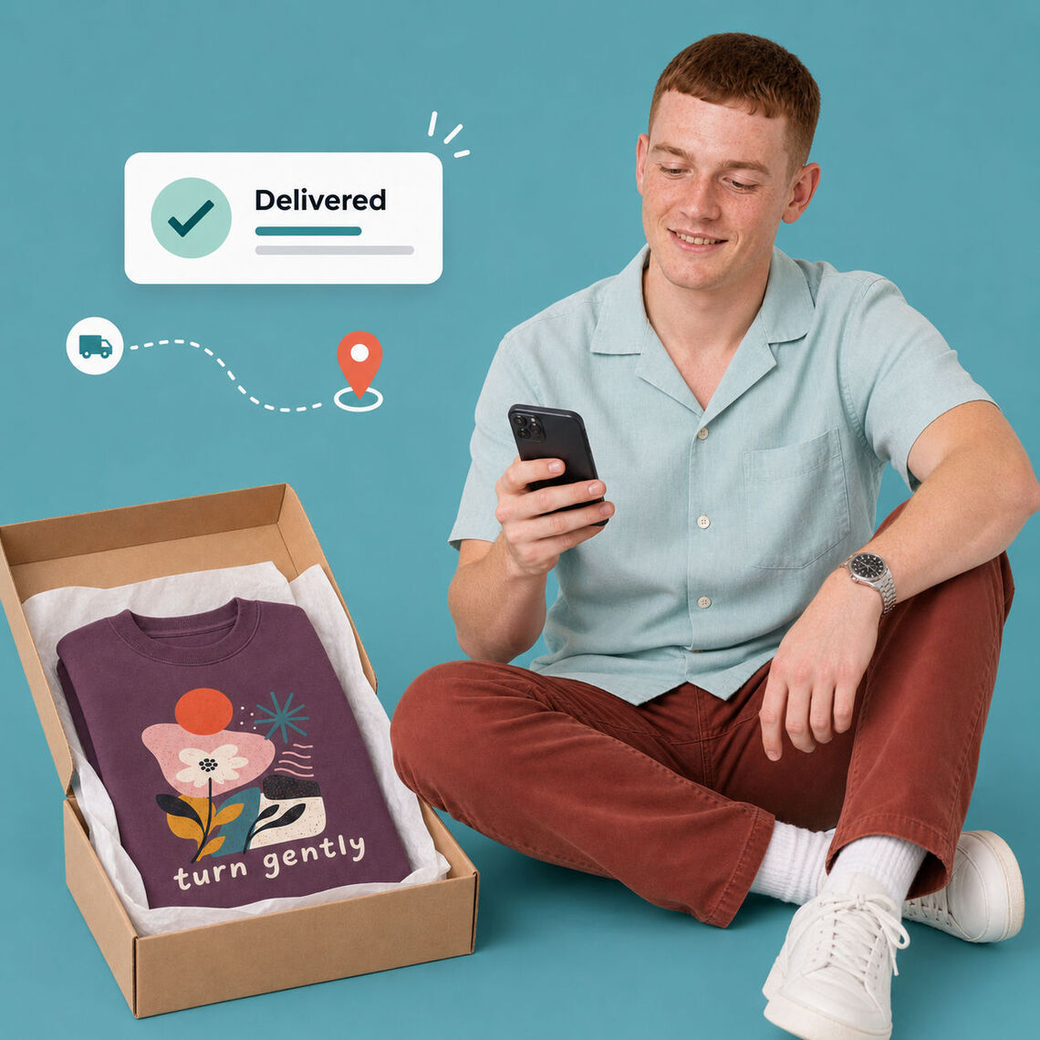 Customer checking tracking information beside a delivered printed sweatshirt