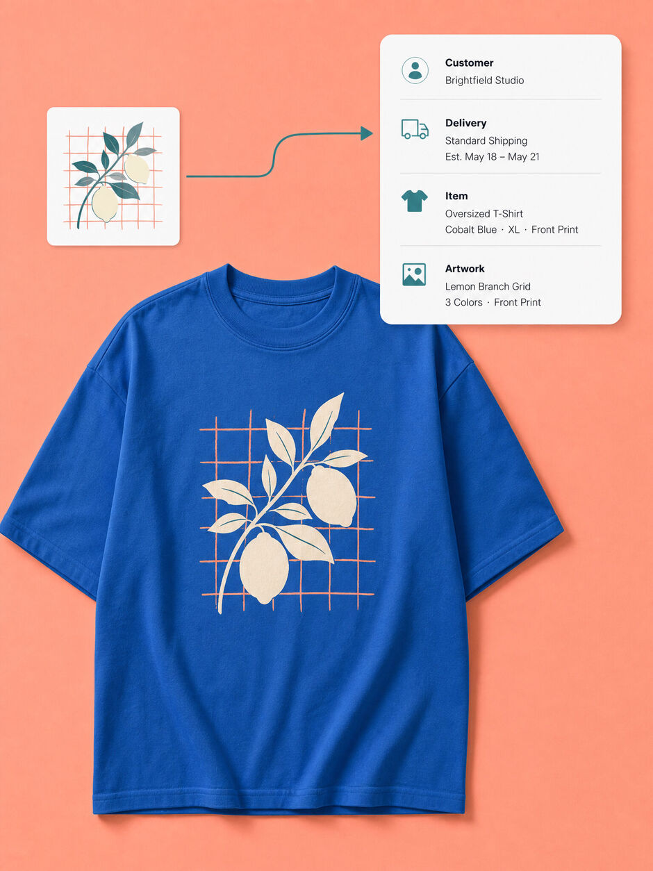Printed product beside concise order and artwork information