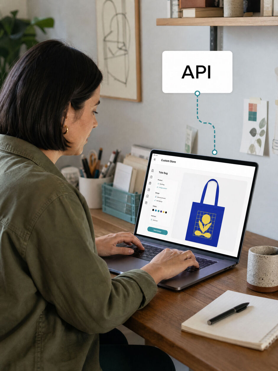 Business owner connecting a custom ecommerce platform on a laptop