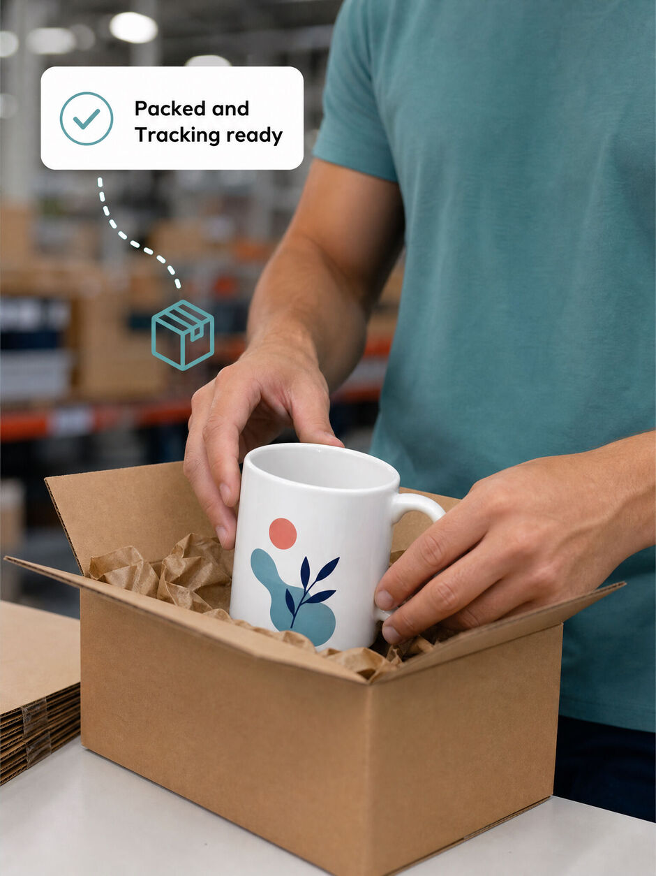 Fulfilment worker packing a printed mug beside concise tracking information