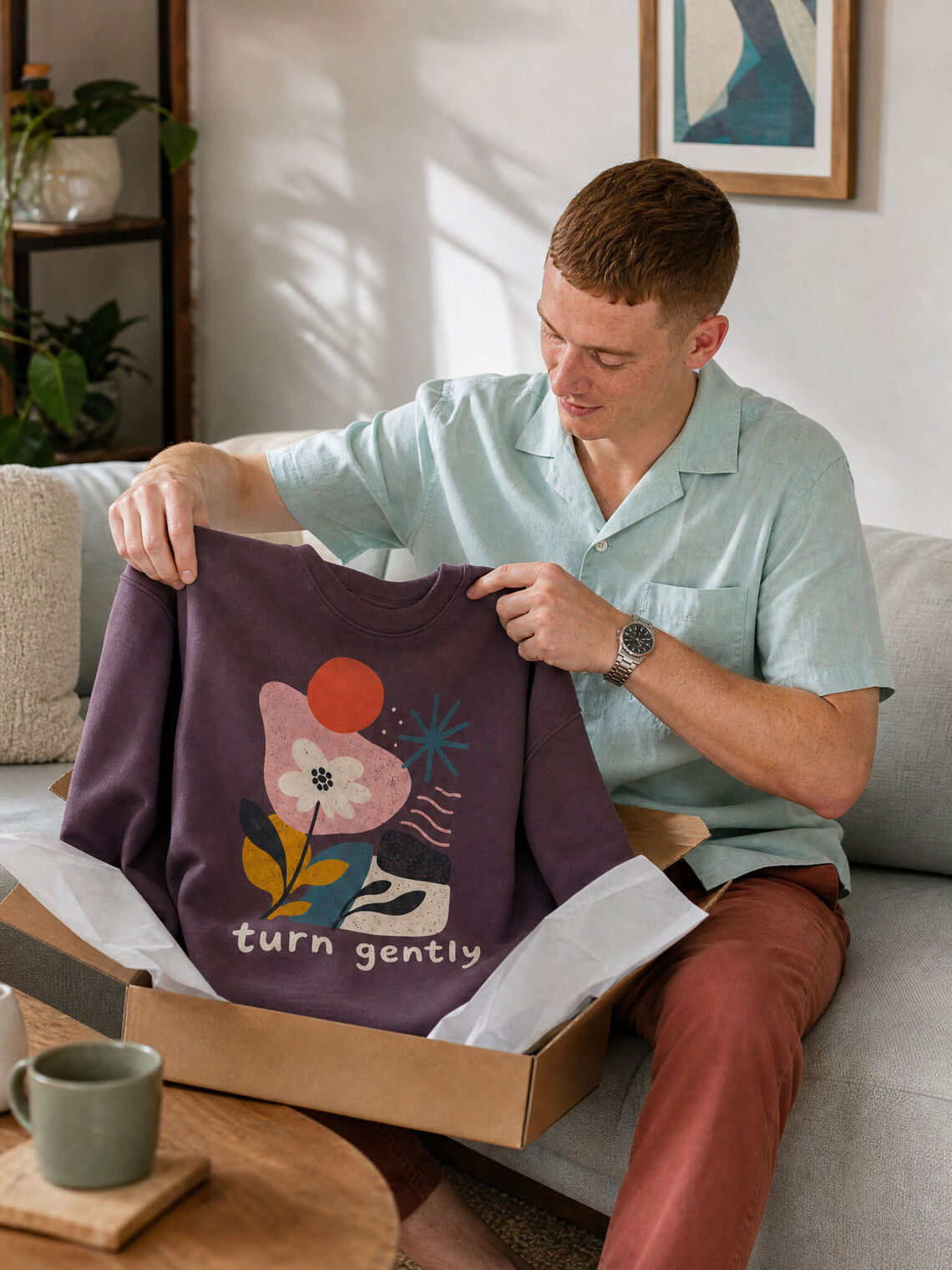 Customer opening a parcel containing the finished printed sweatshirt