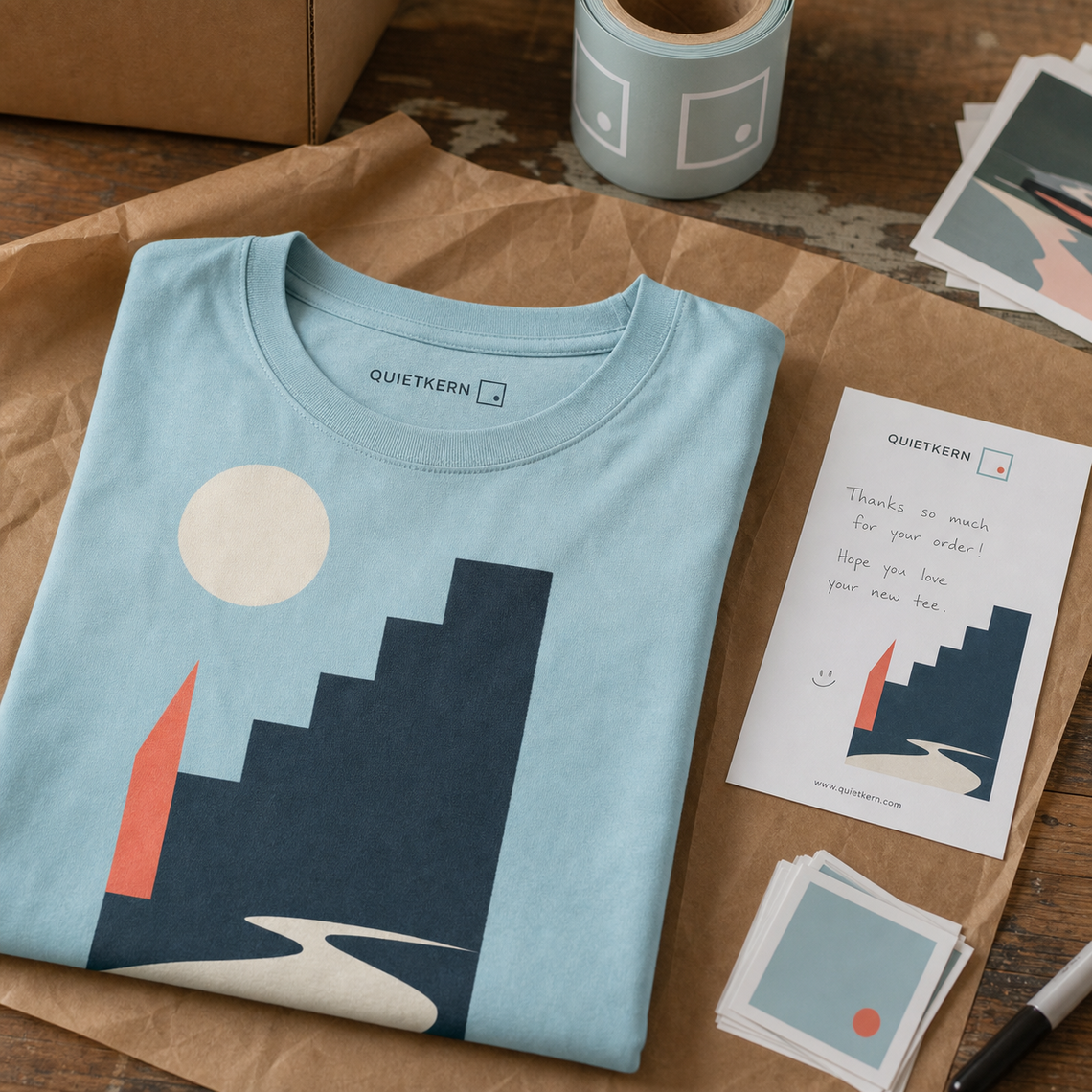 Printed long-sleeve T-shirt with branded packing slip and direct-on-fabric inside neck label