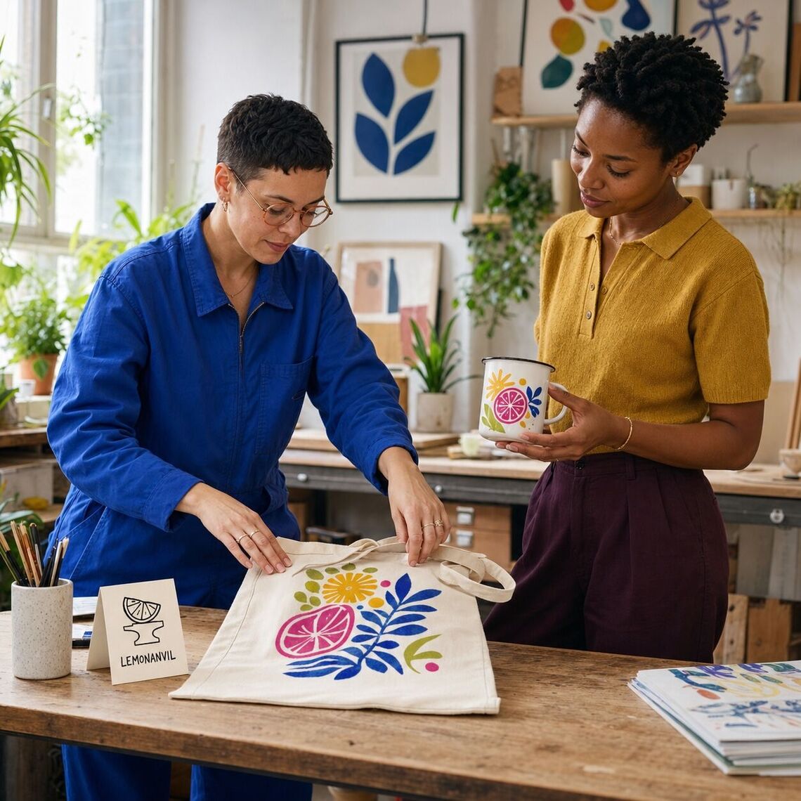 Two independent designers preparing a colourful printed tote and enamel mug in a daylight studio