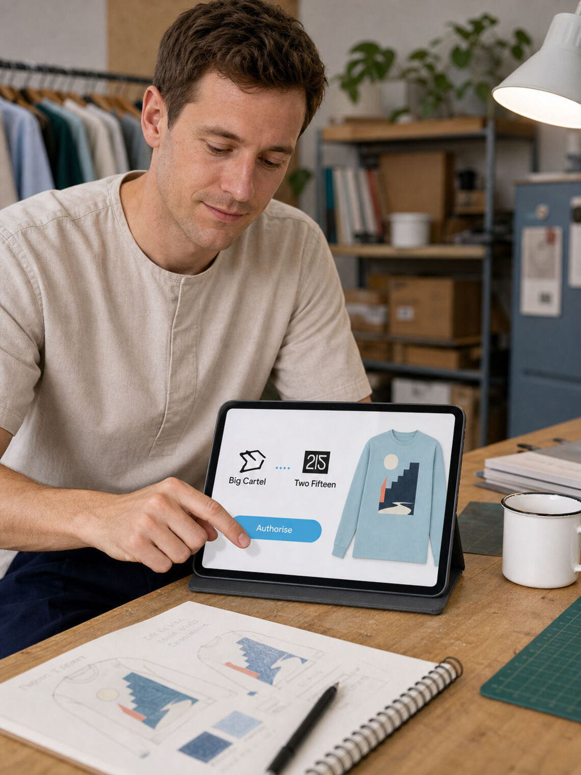 Designer authorising a Big Cartel connection on a tablet