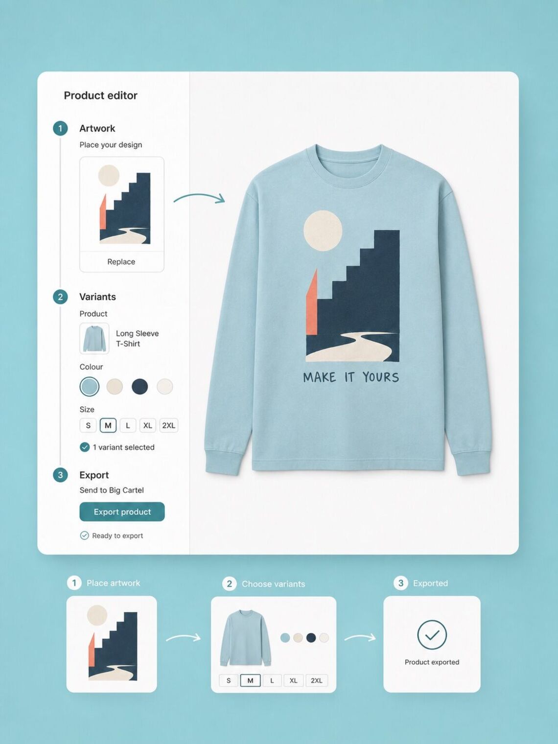 Digital product editor preparing a printed long-sleeve T-shirt for Big Cartel