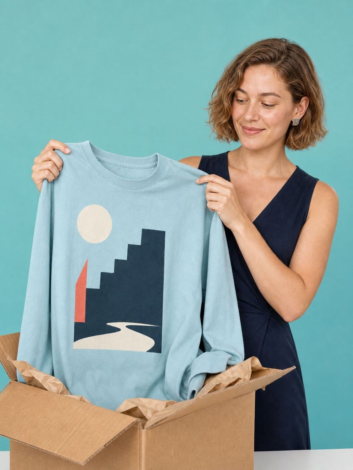 Customer opening a parcel containing the finished printed long-sleeve T-shirt