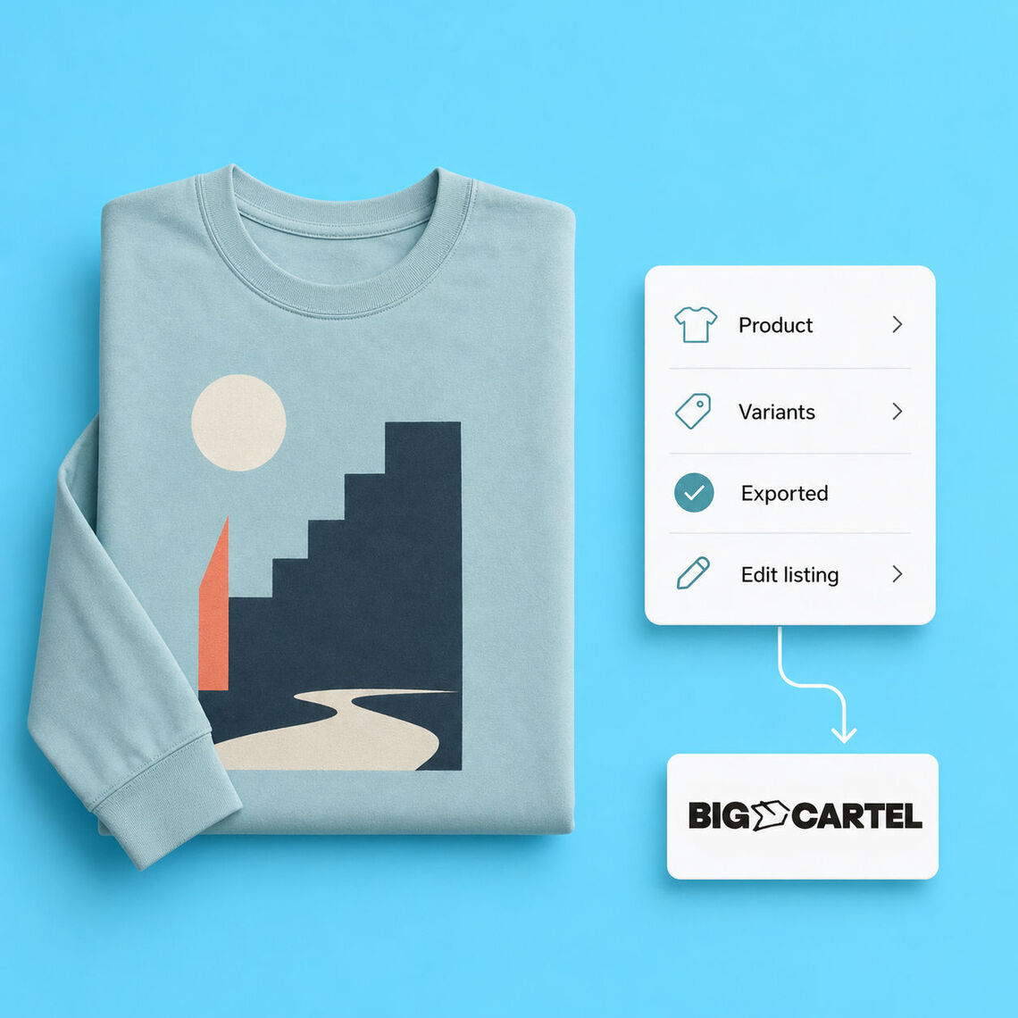 Printed long-sleeve T-shirt beside concise product export and listing controls