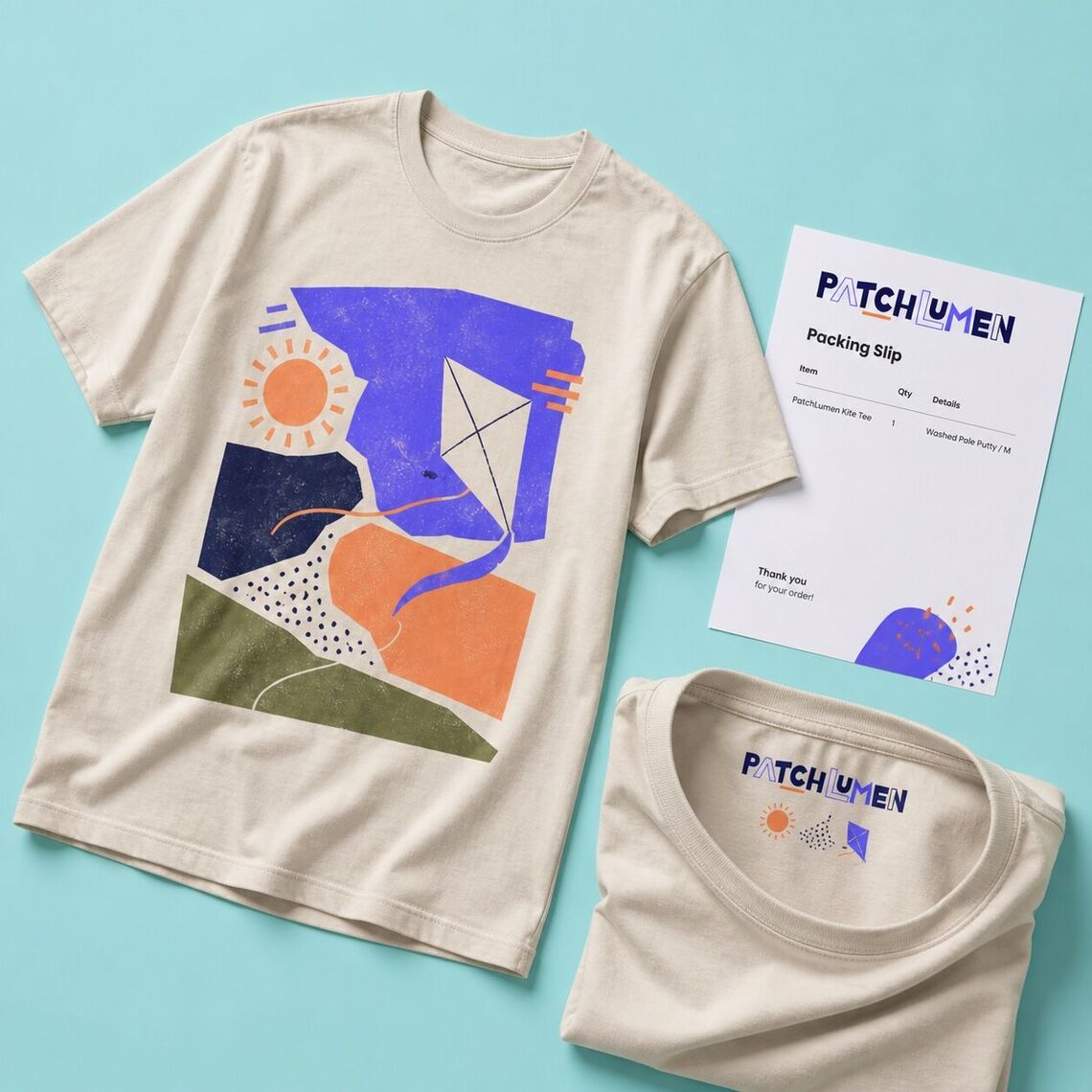 PATCHLUMEN packing slip and direct-on-fabric inside neck print beside a T-shirt
