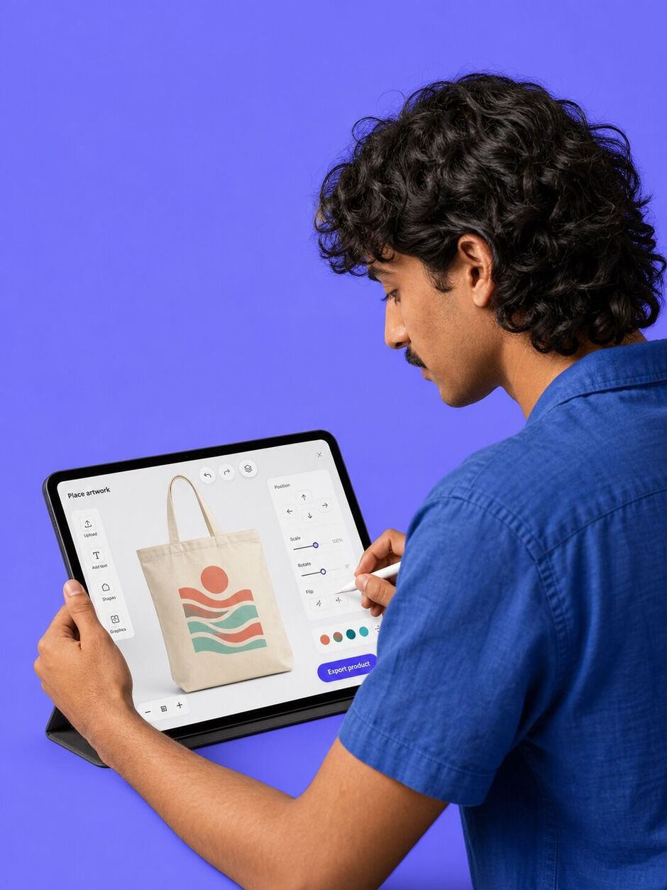 Creator arranging artwork on a digital product mock-up