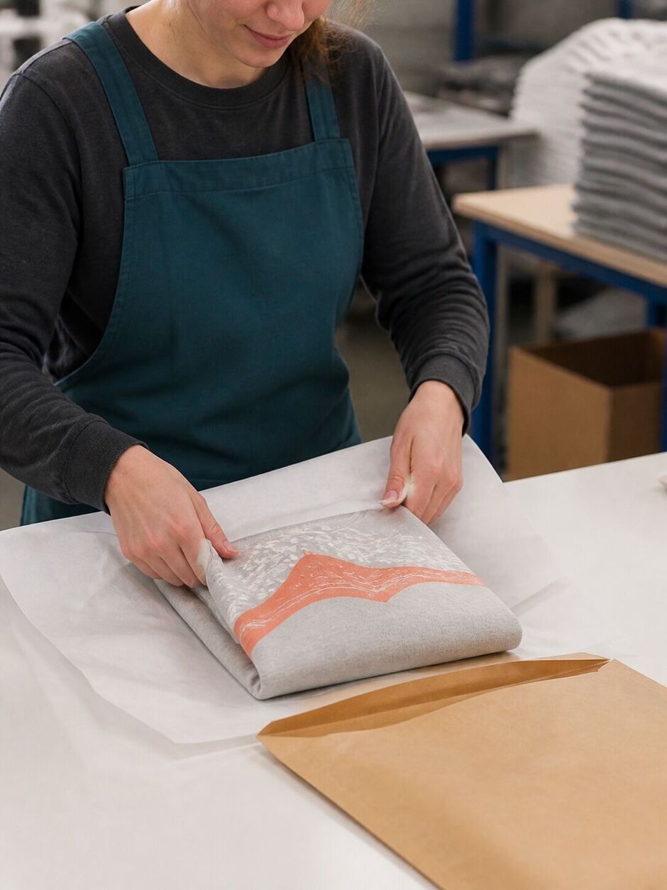 Two Fifteen employee packing a printed product for dispatch
