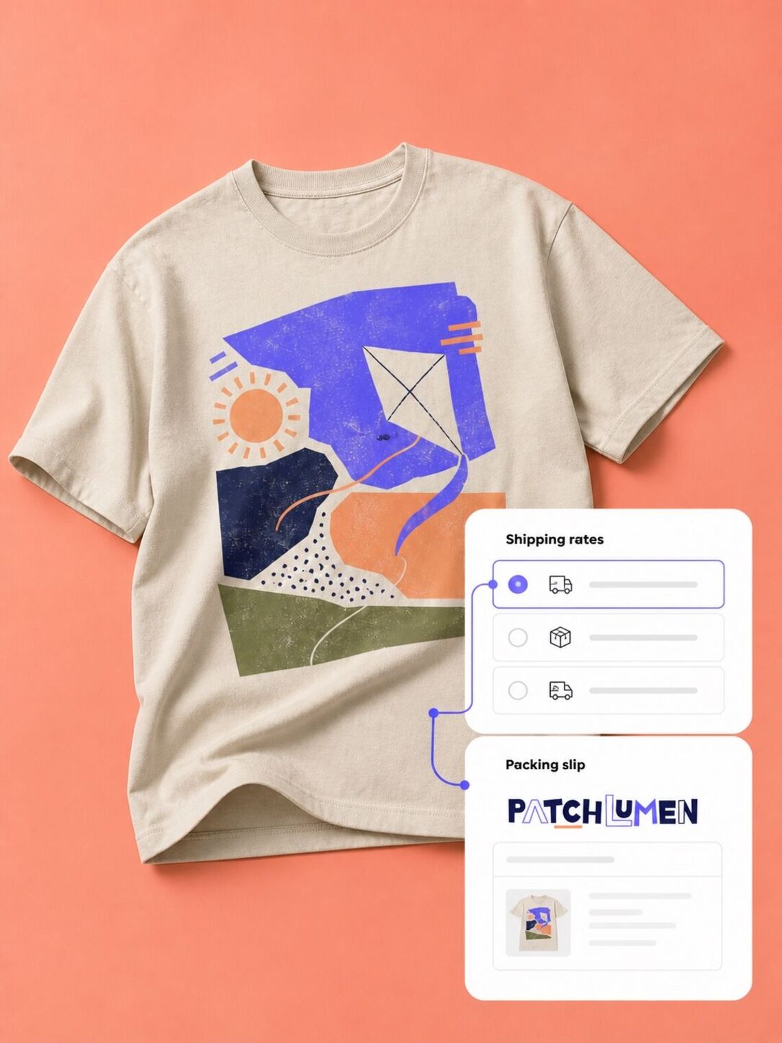 Printed T-shirt beside concise shipping-rate and branded packing-slip states