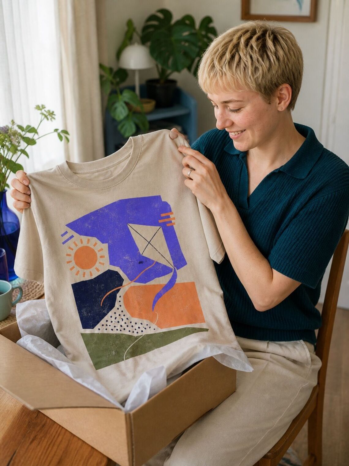 Customer opening a parcel containing the finished printed T-shirt