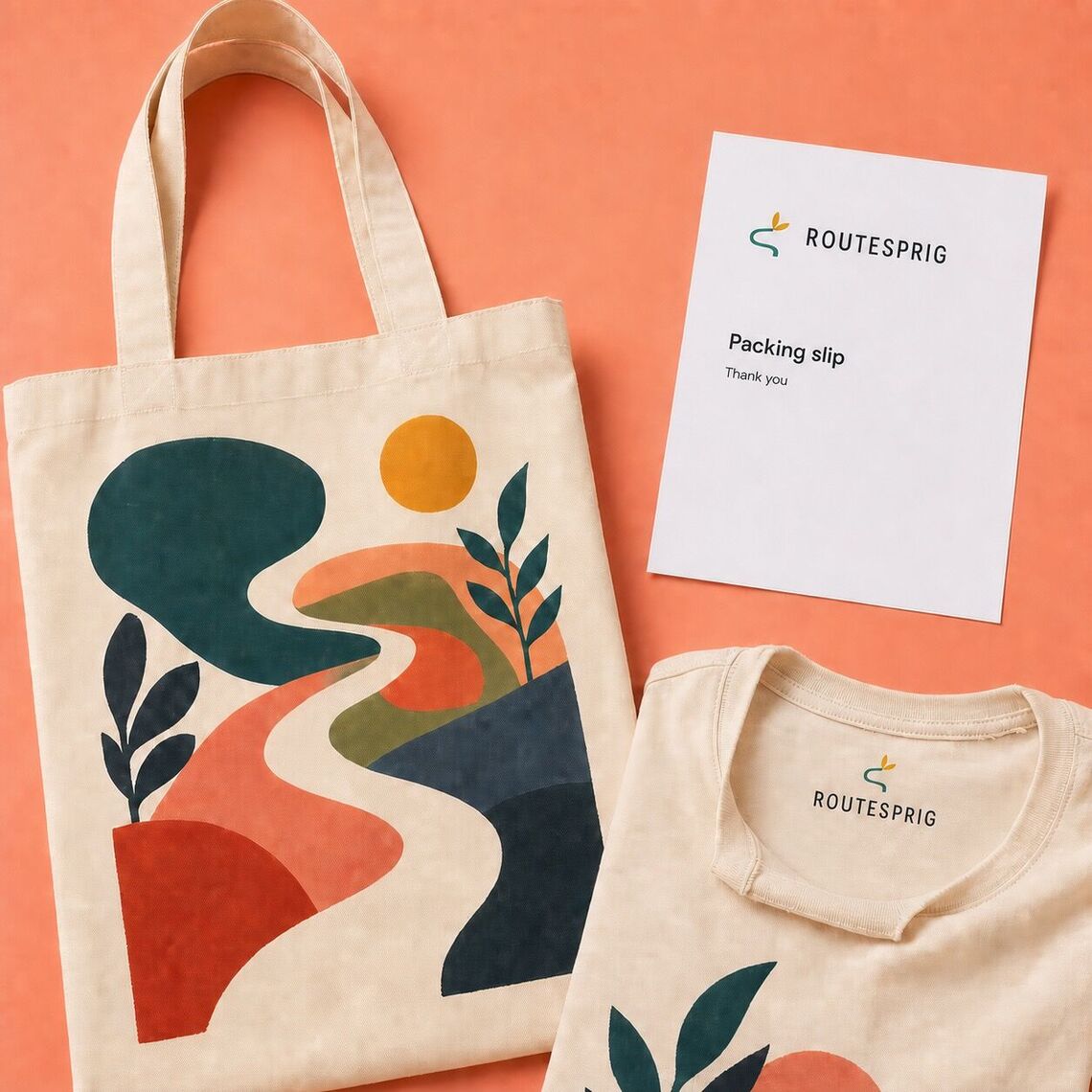 Printed tote with branded packing slip and a direct-on-fabric inside neck label