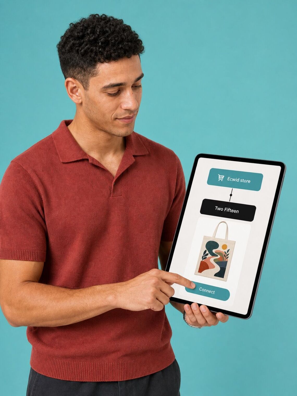 Designer connecting an Ecwid store to Two Fifteen on a tablet