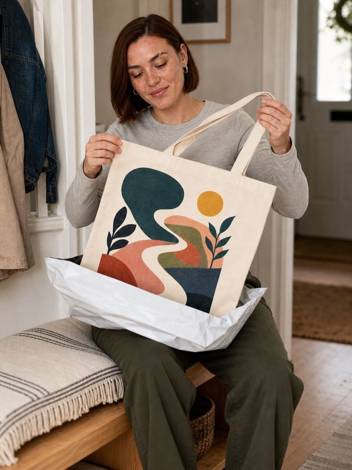 Customer opening a parcel containing the finished printed tote