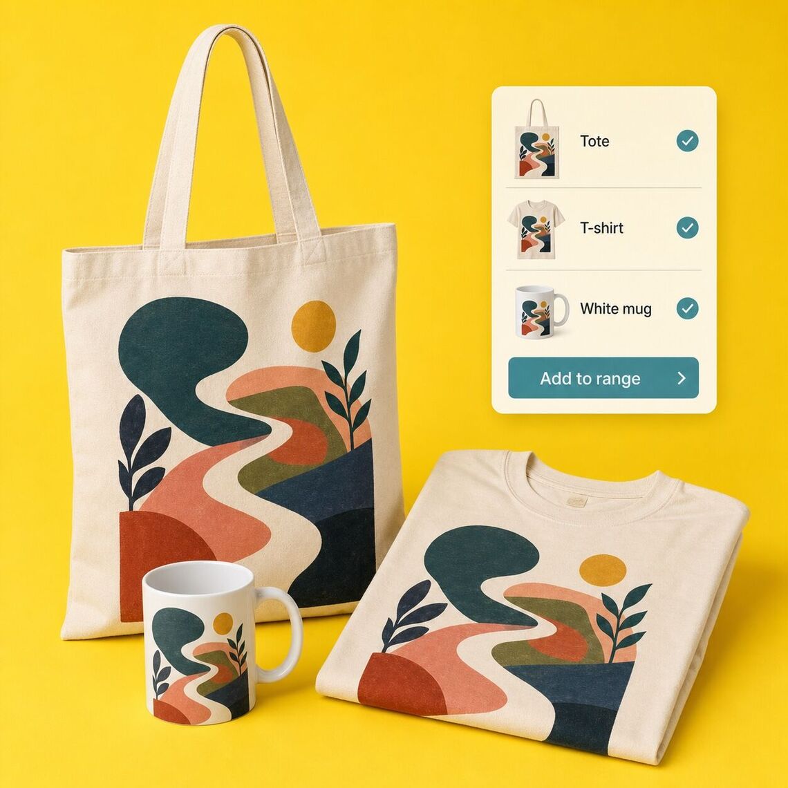 Coordinated tote, T-shirt and white mug print-on-demand collection