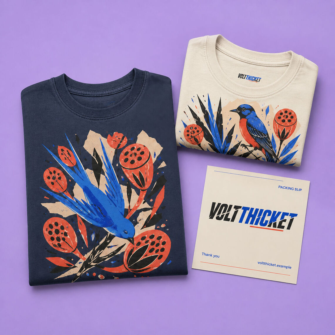 Packing slip and direct-on-fabric inside neck print beside a printed T-shirt