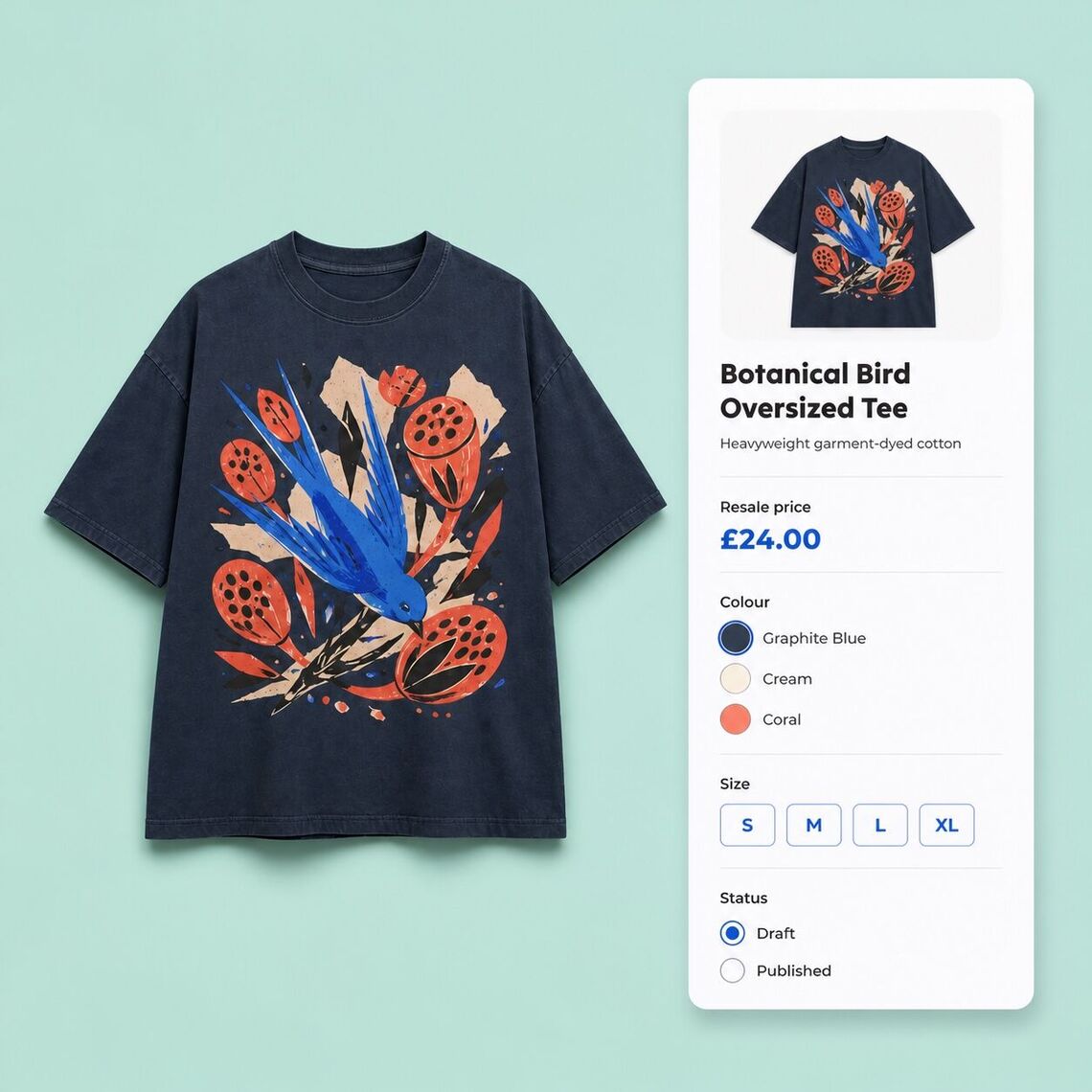 Printed oversized T-shirt beside concise EKM listing and variant controls
