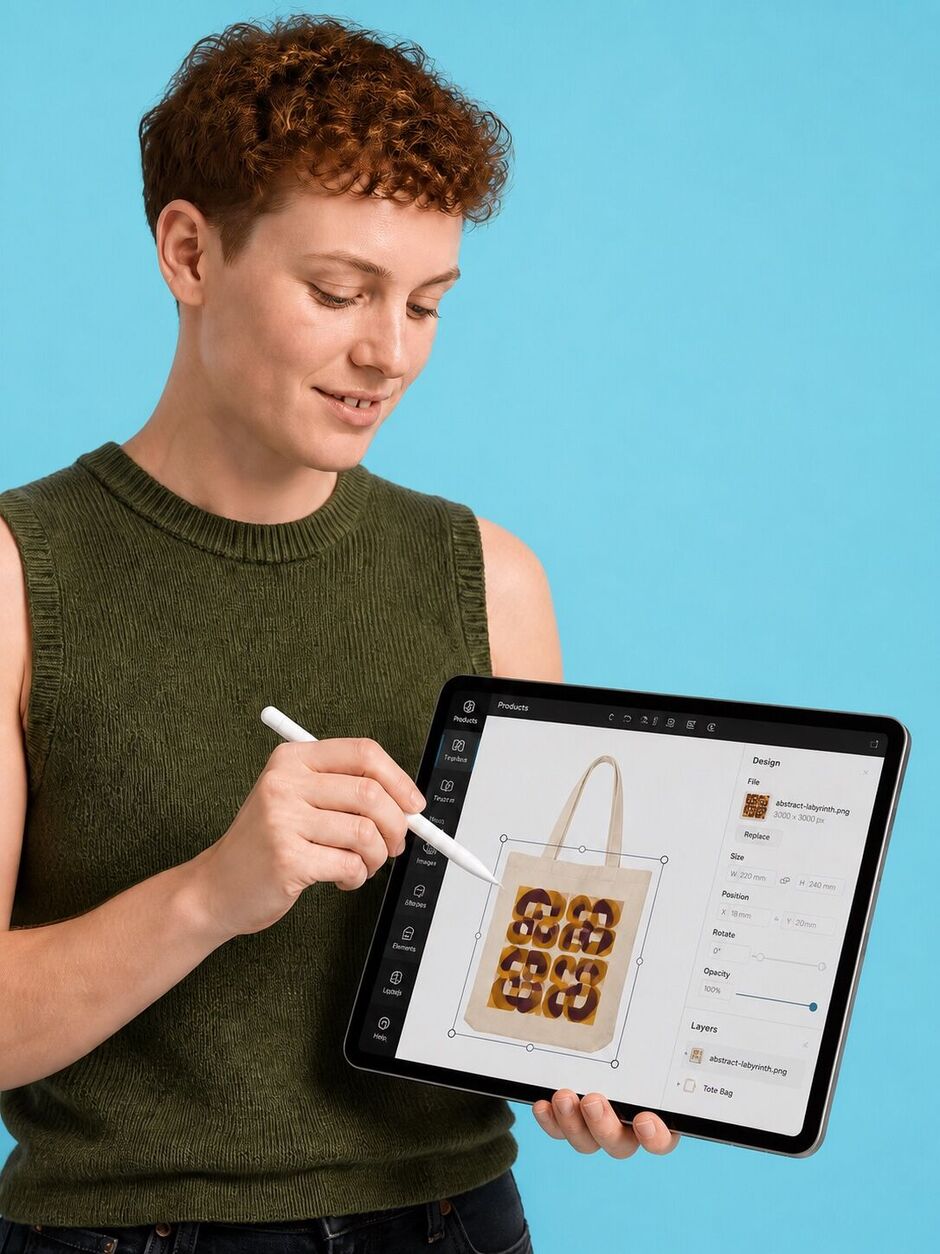 Creator positioning original artwork on a digital tote mock-up