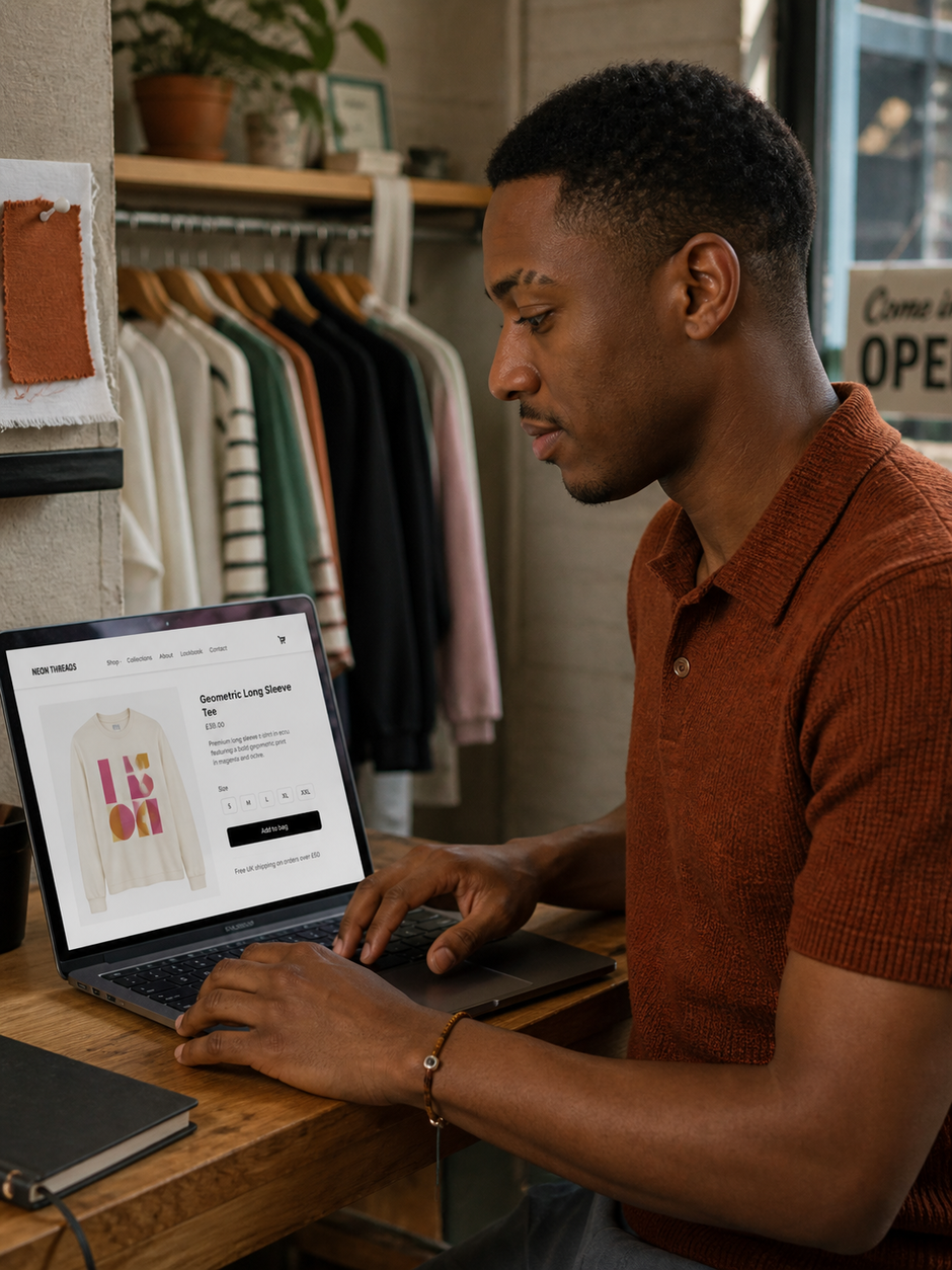 Independent shop owner reviewing a customer-facing online product page