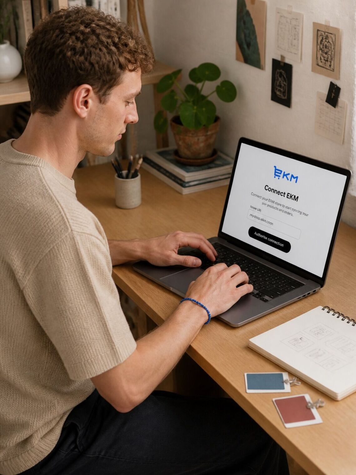 Designer naturally authorising an EKM store connection on a laptop