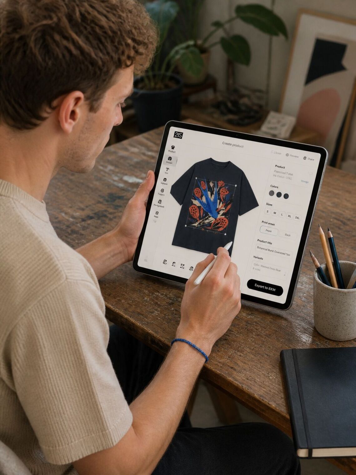 Designer using a tablet to prepare a printed T-shirt for export to EKM