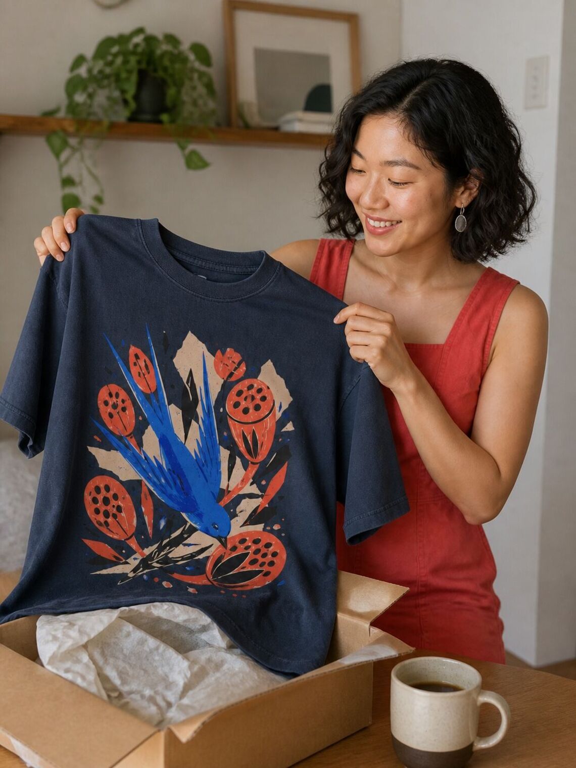 Customer opening a parcel containing the finished printed oversized T-shirt