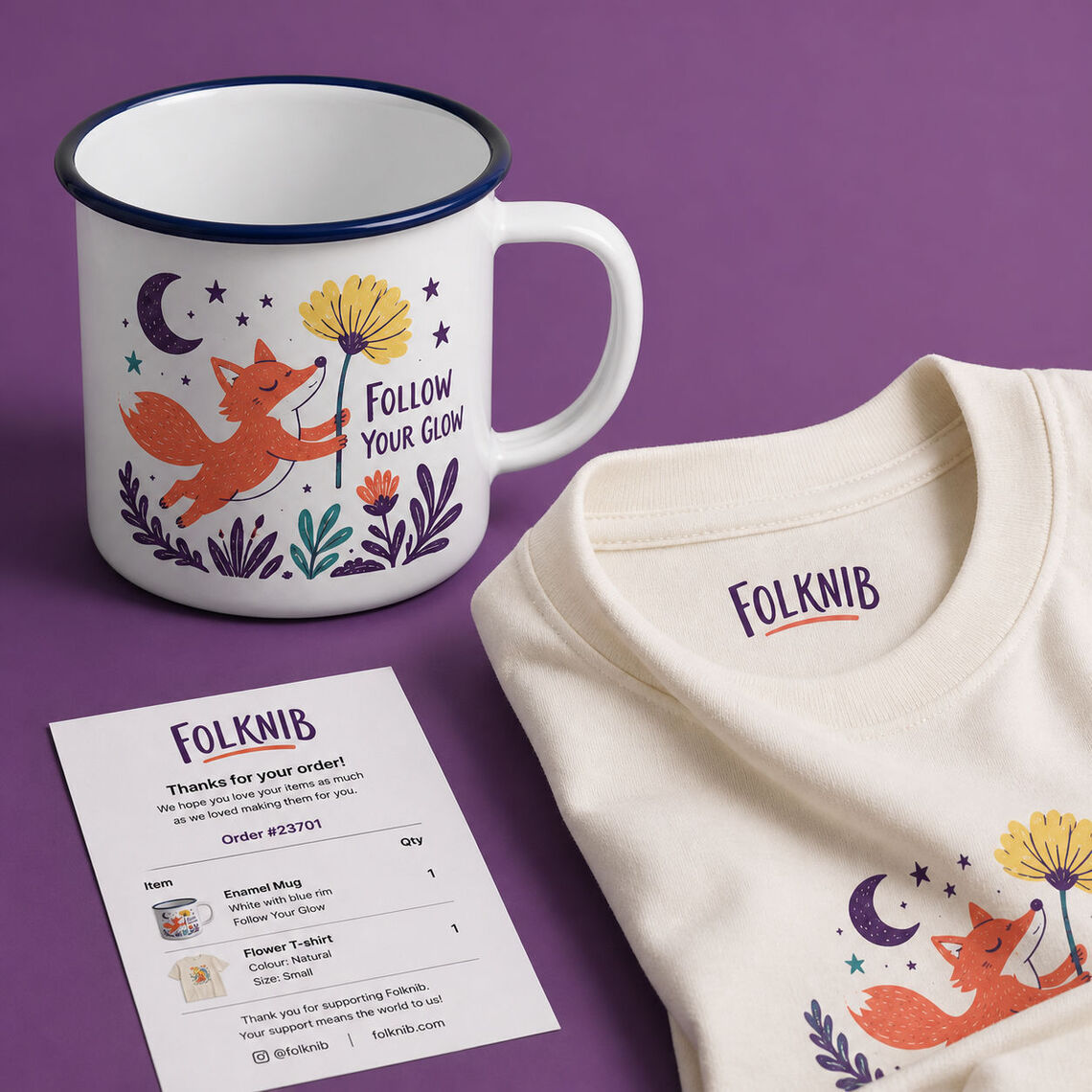 Packing slip, printed enamel mug and direct-on-fabric inside neck print