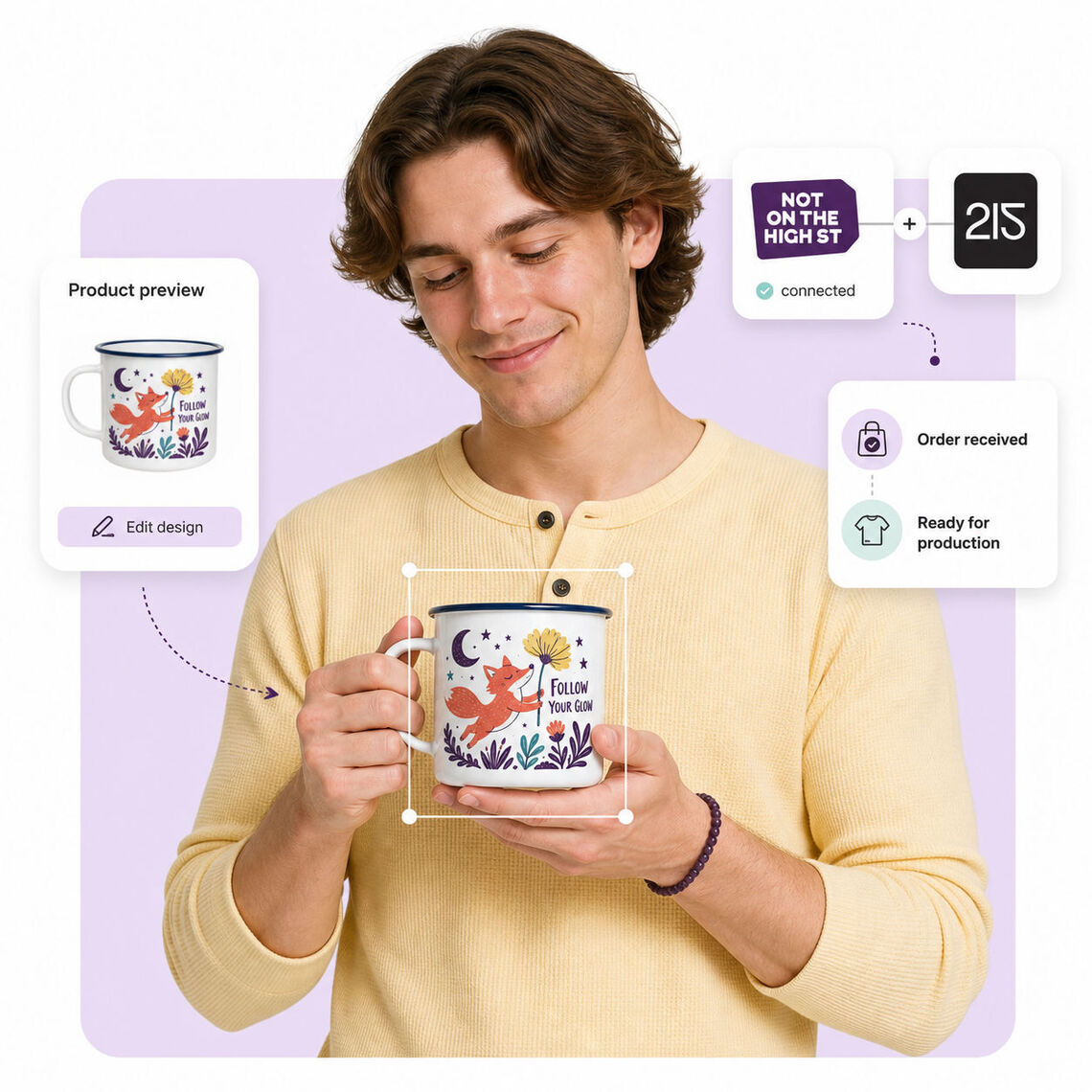 Customer holding a printed enamel mug beside a simple NOTHS to Two Fifteen fulfilment route