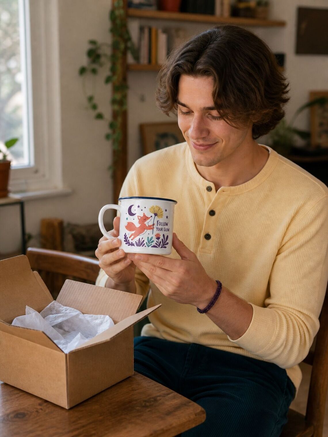 Customer opening a parcel containing the finished printed enamel mug