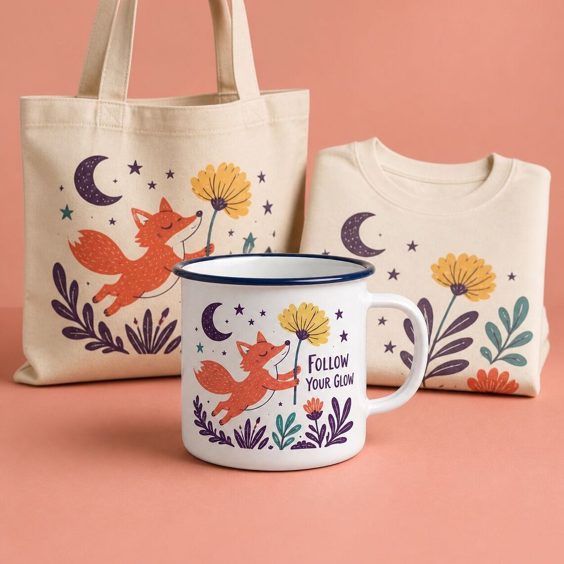 Printed enamel mug with a small coordinated print-on-demand gift range