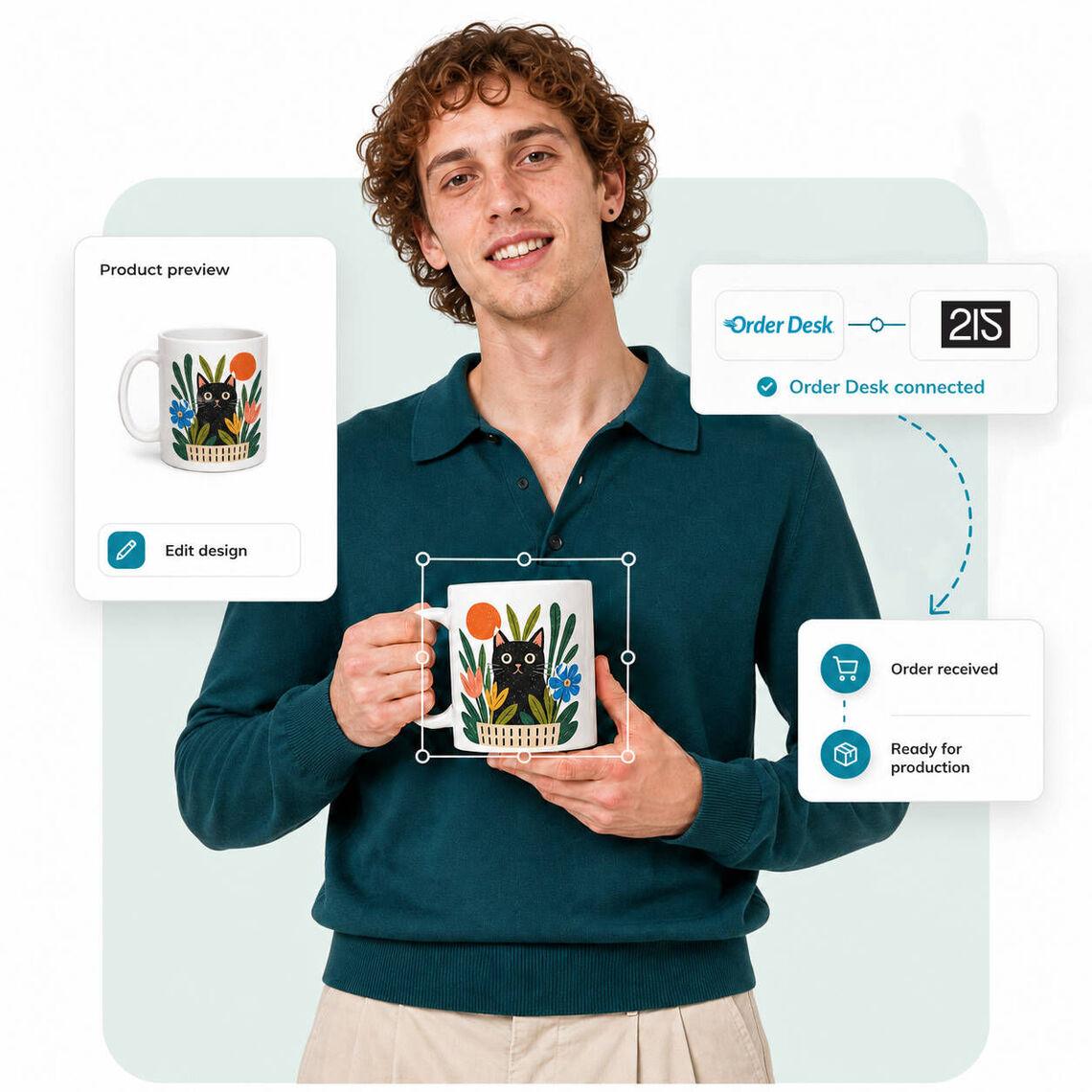 Customer holding a cat-print mug beside an Order Desk to Two Fifteen order route