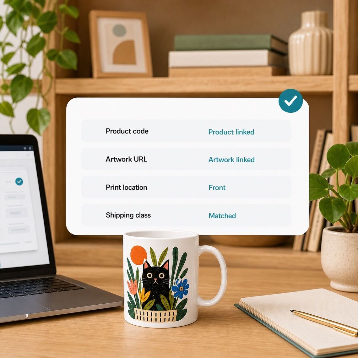 Cat-print mug beside prepared product, artwork, print-location and shipping-class fields