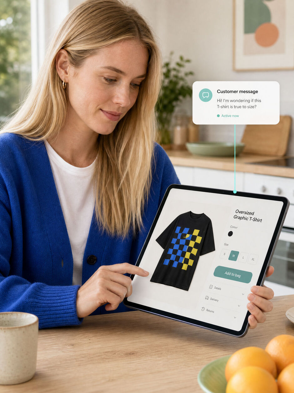 Independent seller working at an online shop beside a printed tote and sweatshirt