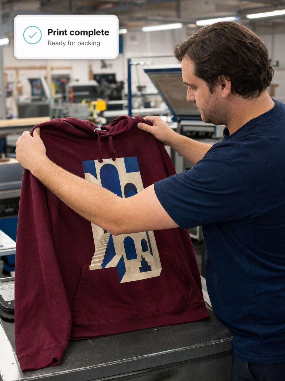 Two Fifteen employee folding a printed sweatshirt beside plain packaging