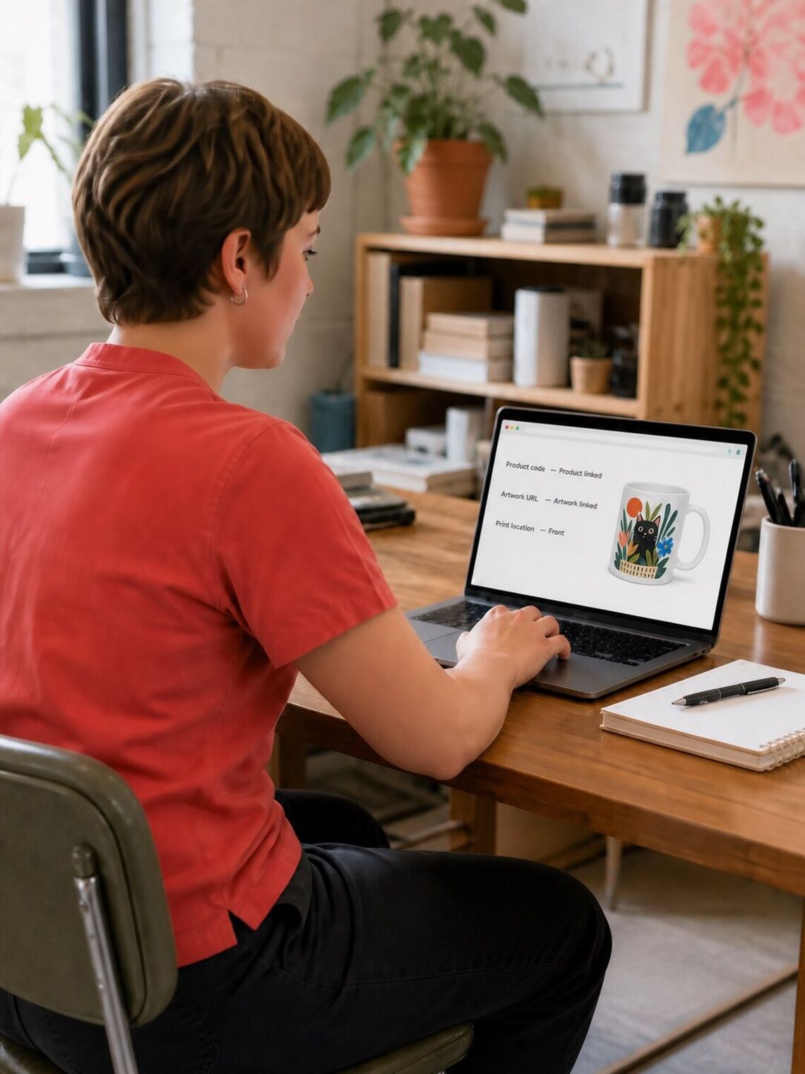 Designer preparing product, artwork and print-location data for a printed mug