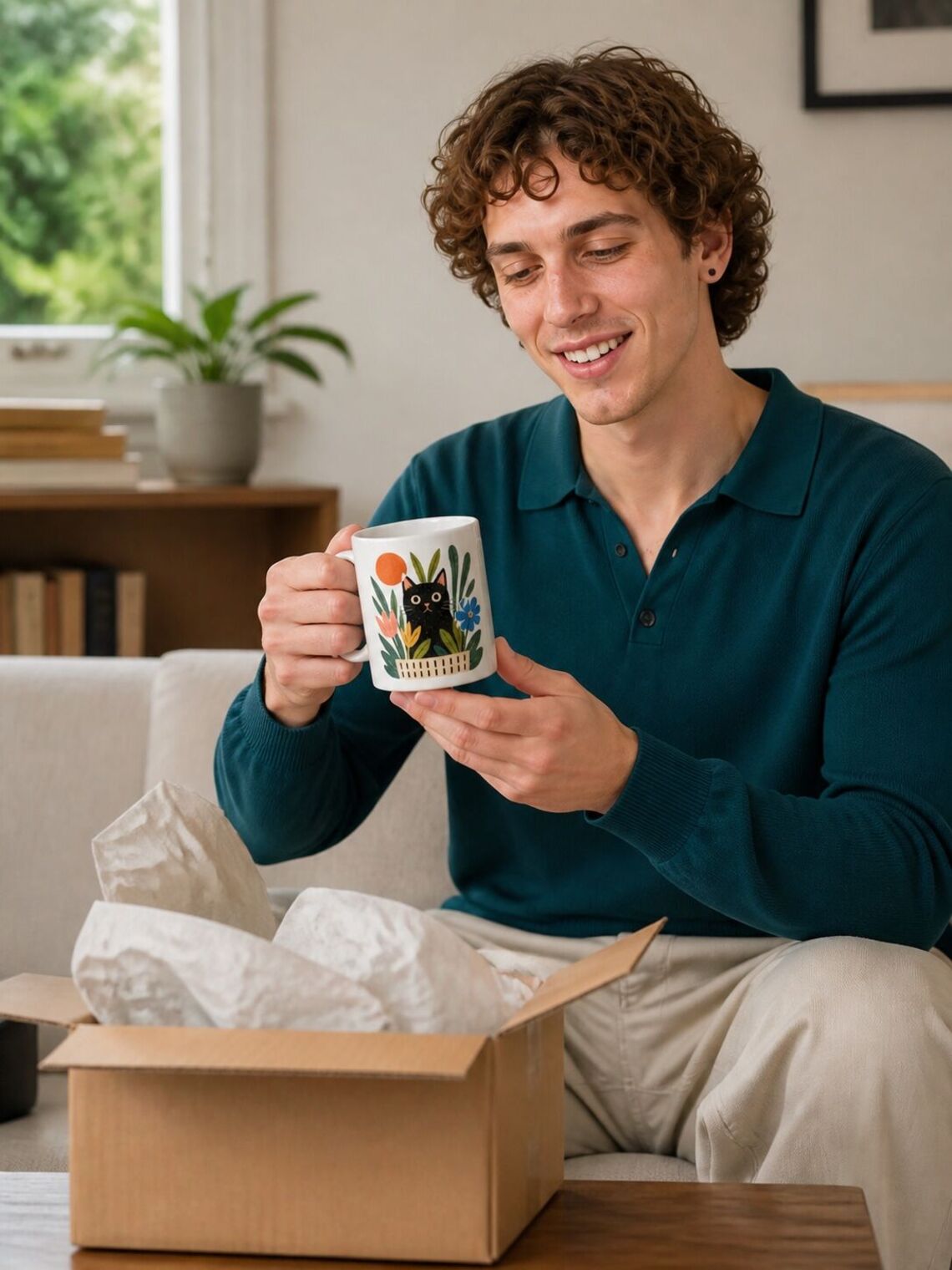 Customer opening a parcel and holding the finished cat-print mug