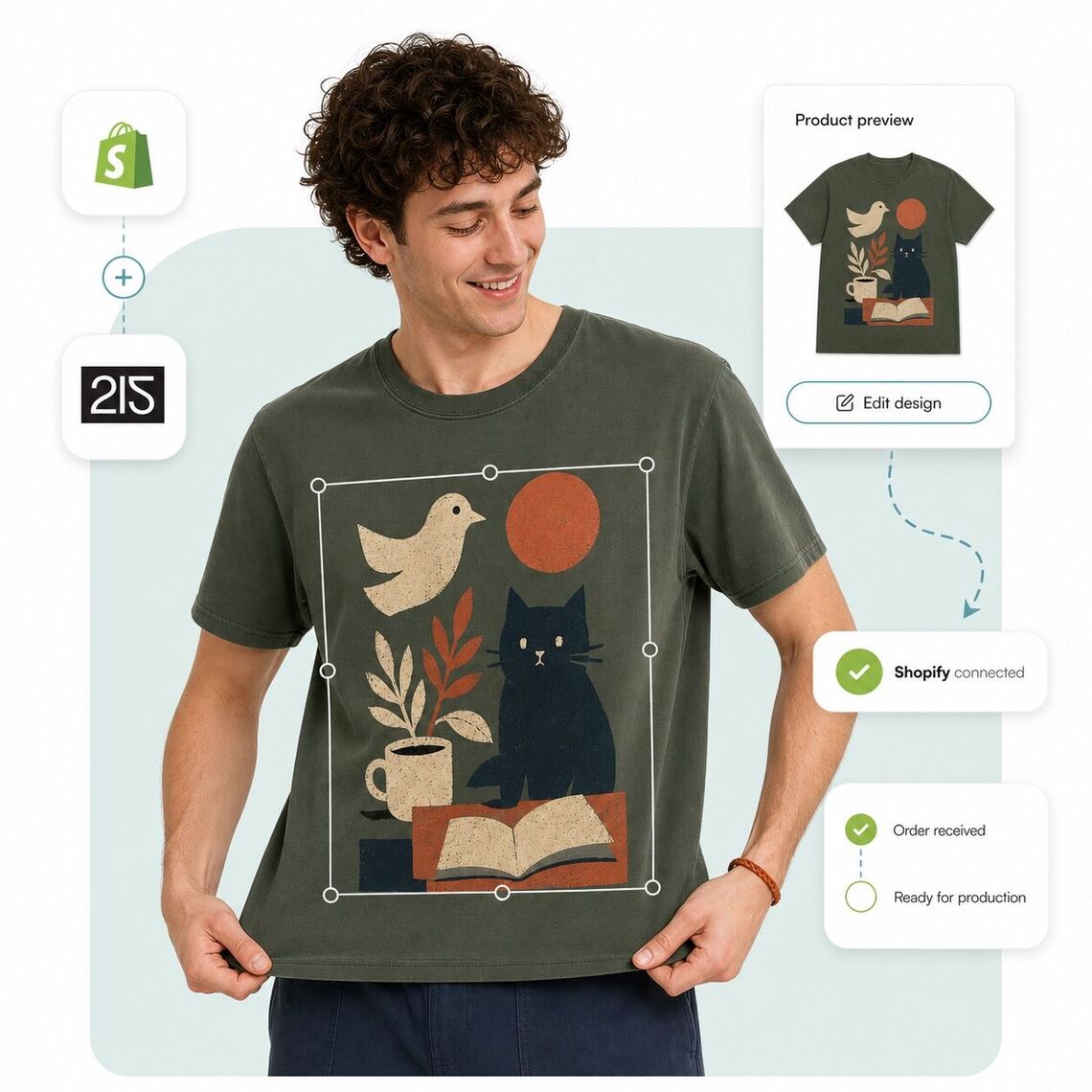 Customer wearing a printed T-shirt beside connected Shopify and Two Fifteen tiles