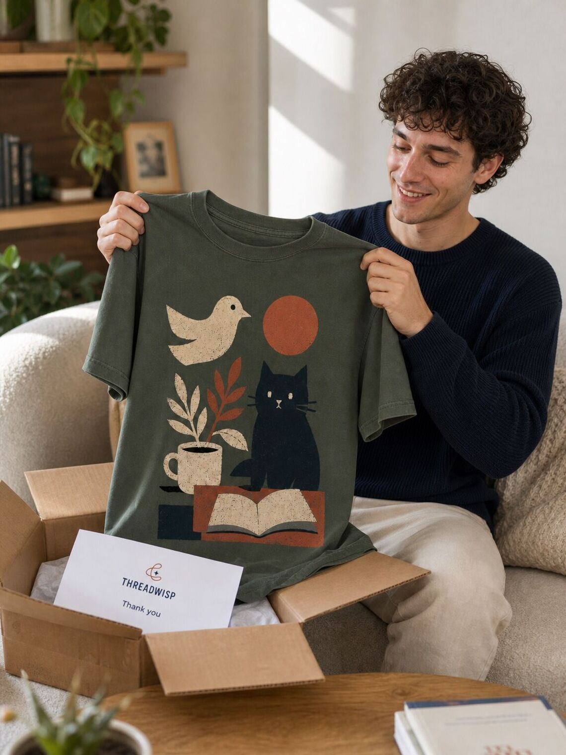 Customer unboxing the finished Quiet Signals T-shirt at home