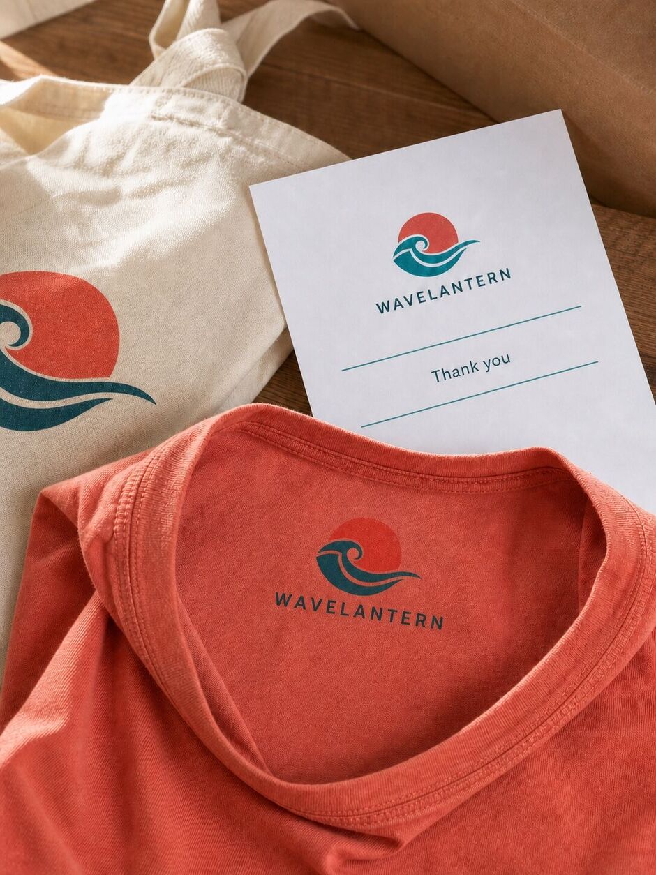 Logo printed inside a T-shirt collar beside a matching branded packing slip