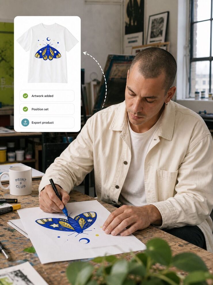 Independent creator preparing an original printed T-shirt for export