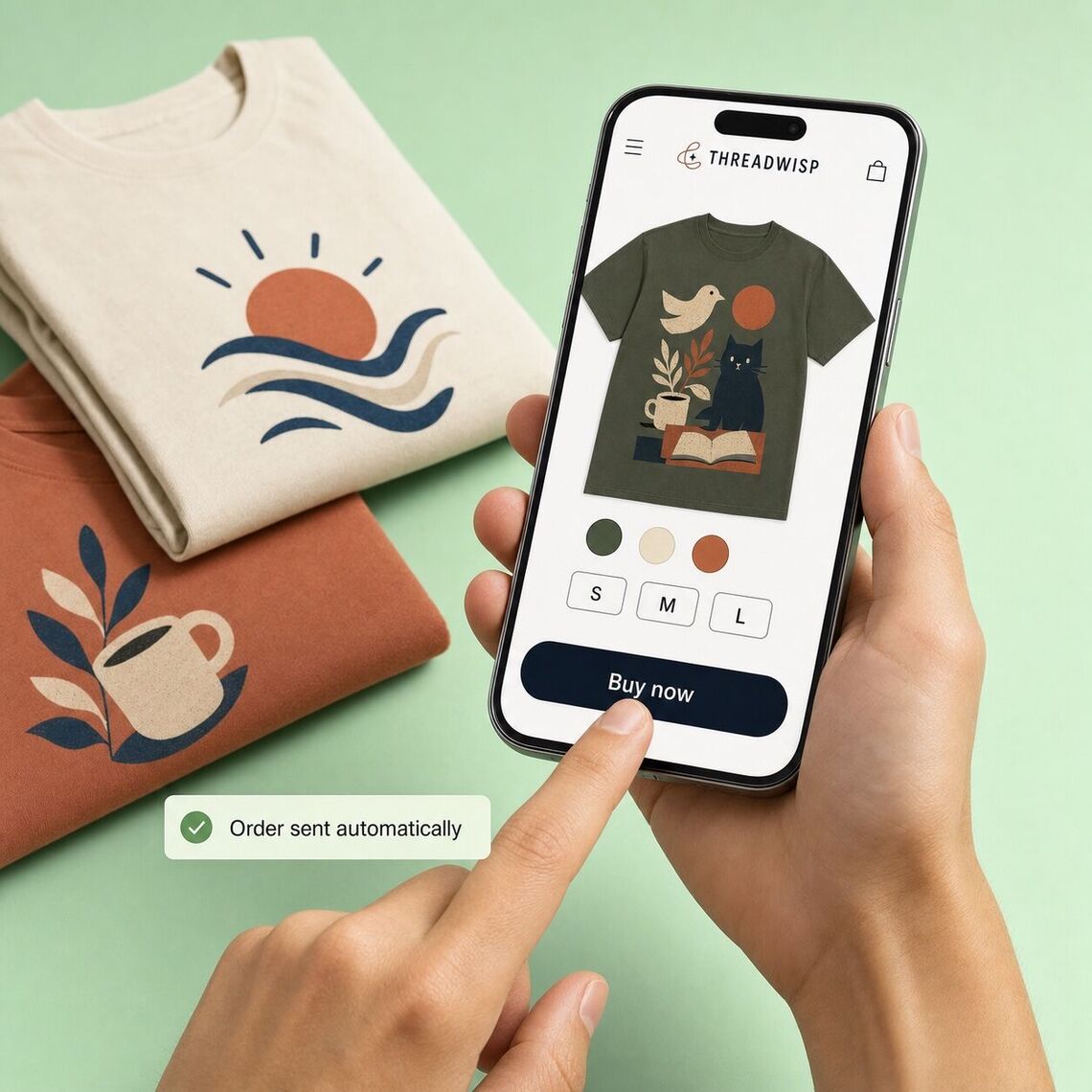 Hand buying the THREADWISP T-shirt on a phone as the order is sent automatically