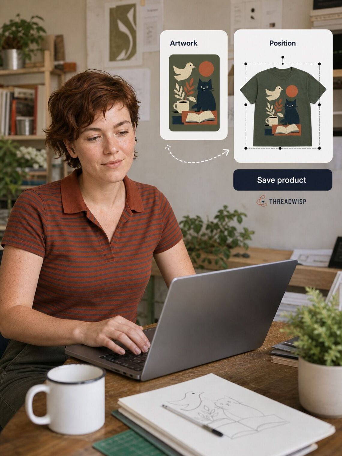 Designer adjusting the exact T-shirt artwork in a simple product editor