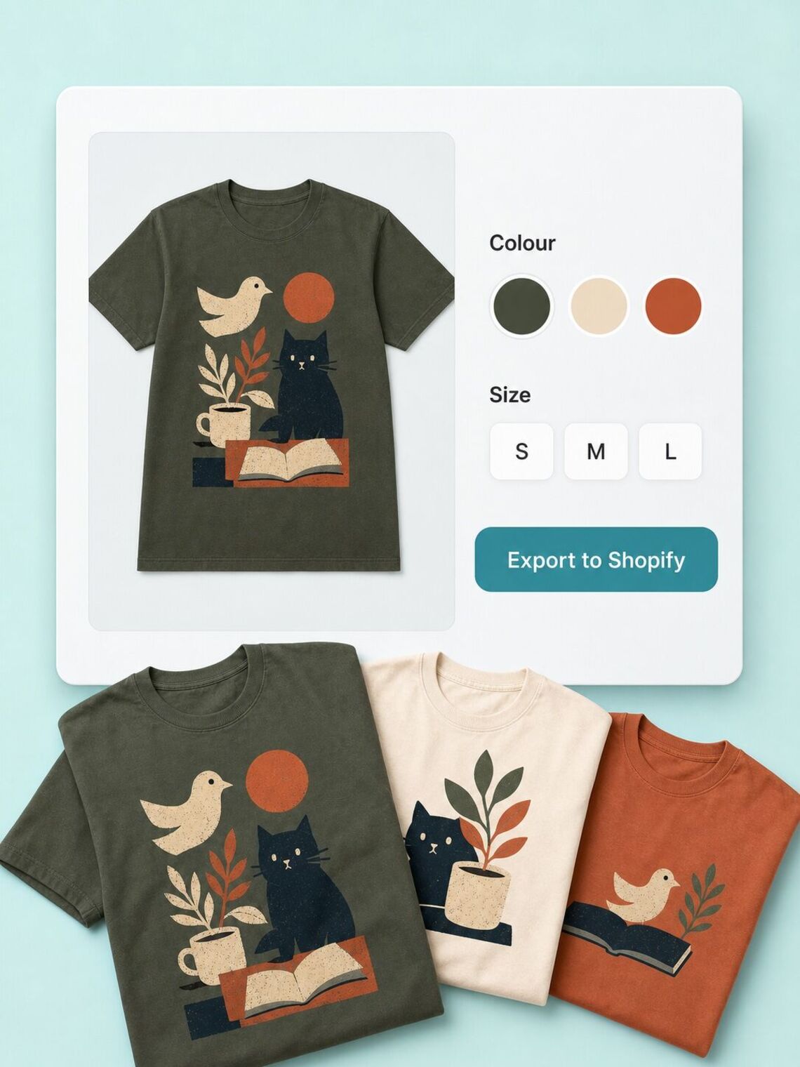 Product interface with colour and size choices above three coordinated T-shirts and an Export to Shopify button