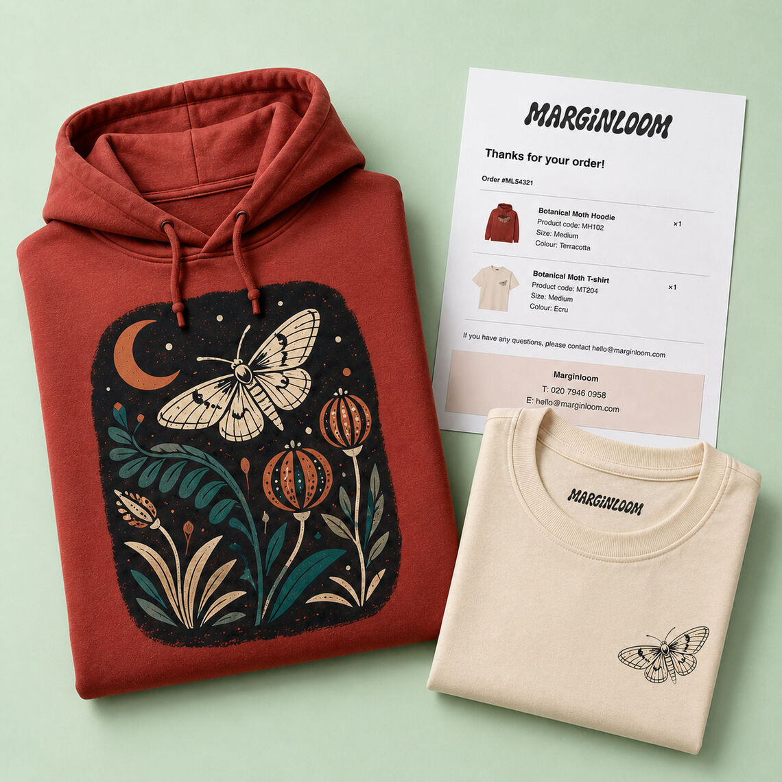 Detailed MARGINLOOM packing slip and direct-on-fabric inside neck print beside a pocket-free hoodie