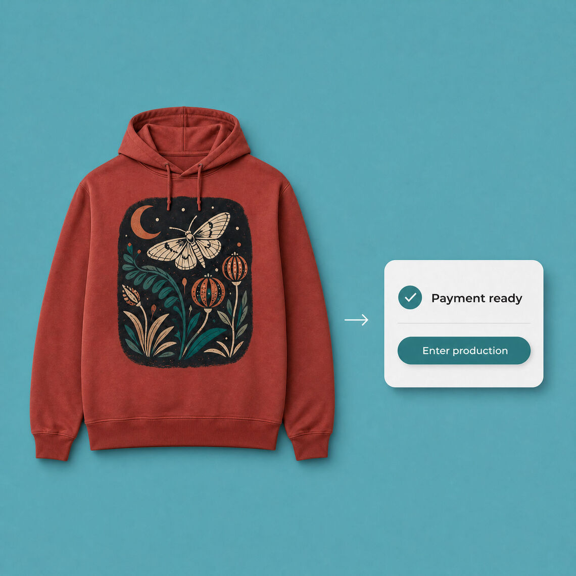 Printed hoodie order beside a concise payment-to-production status