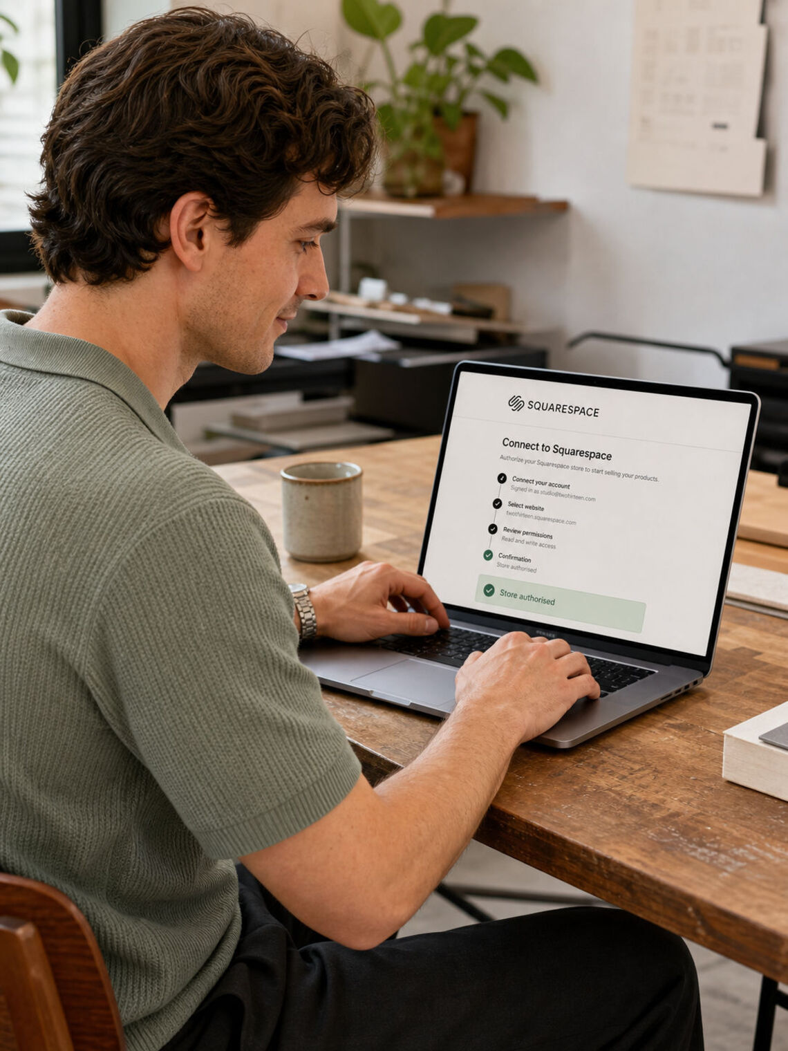 Designer authorising a Squarespace store connection on a laptop