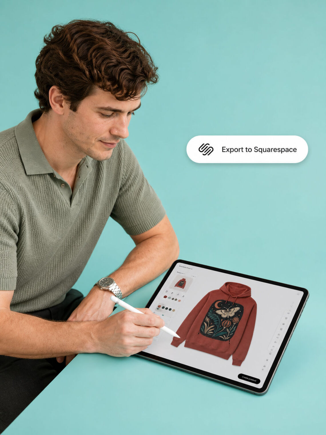 Designer naturally using an angled tablet to prepare a pocket-free hoodie design for Squarespace