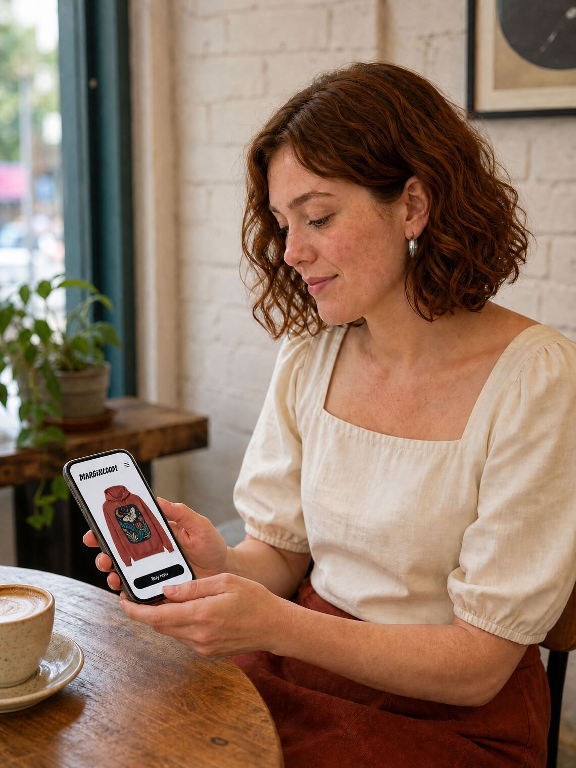Customer naturally buying the pocket-free printed hoodie through a mobile storefront