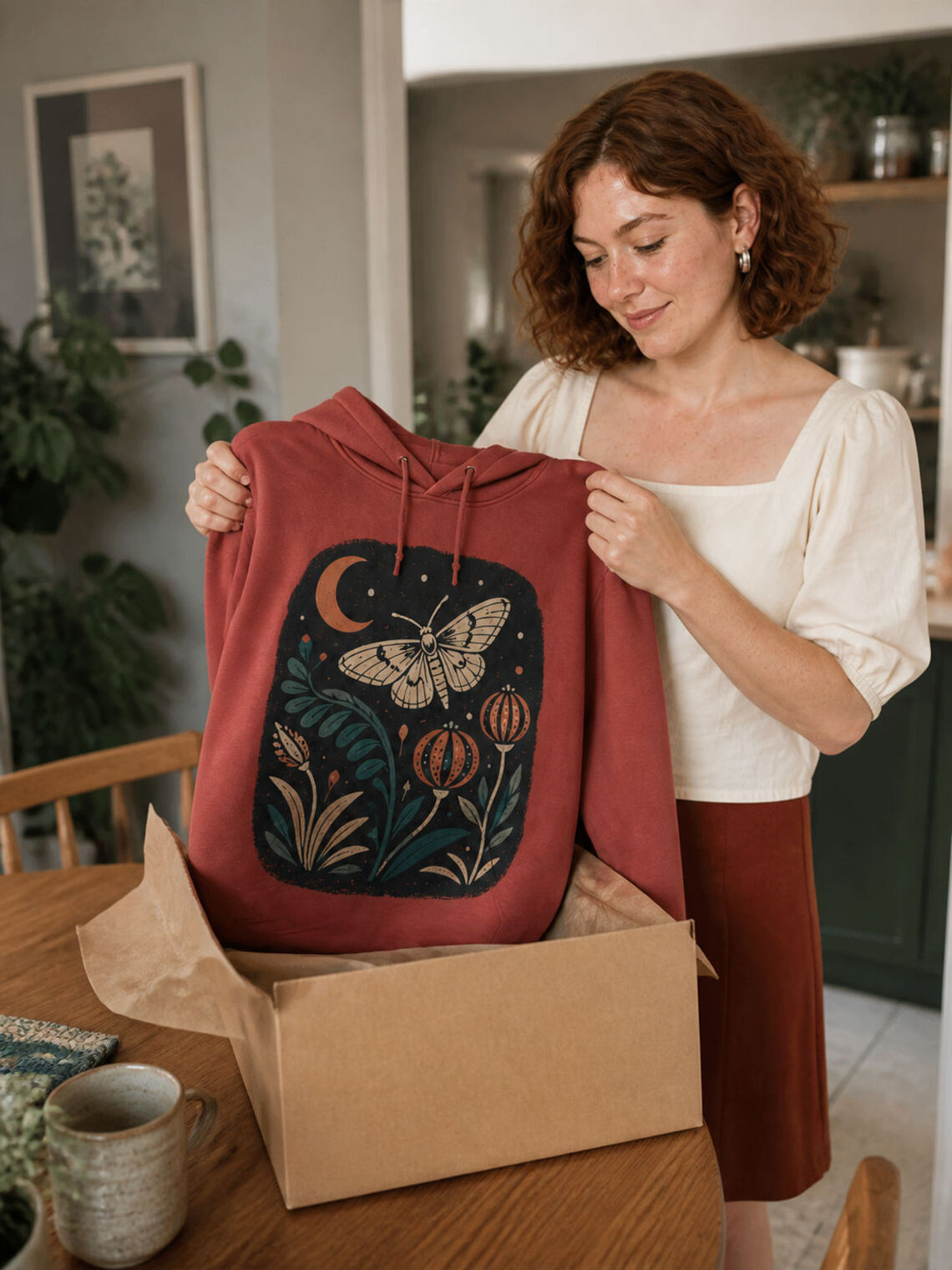 Customer opening a parcel containing the finished printed hoodie